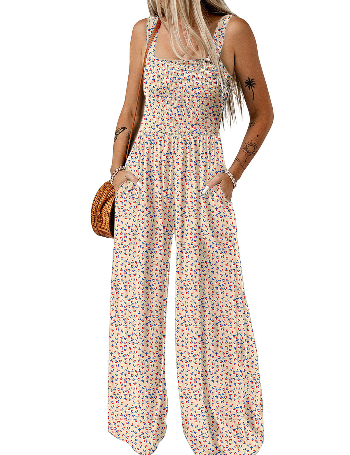 Mono floral de pierna ancha para mujer con corpiño fruncido y bolsillos