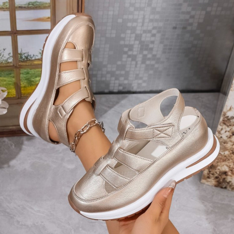 Sandalias de cuña con punta cerrada para mujer con tira de velcro y aberturas