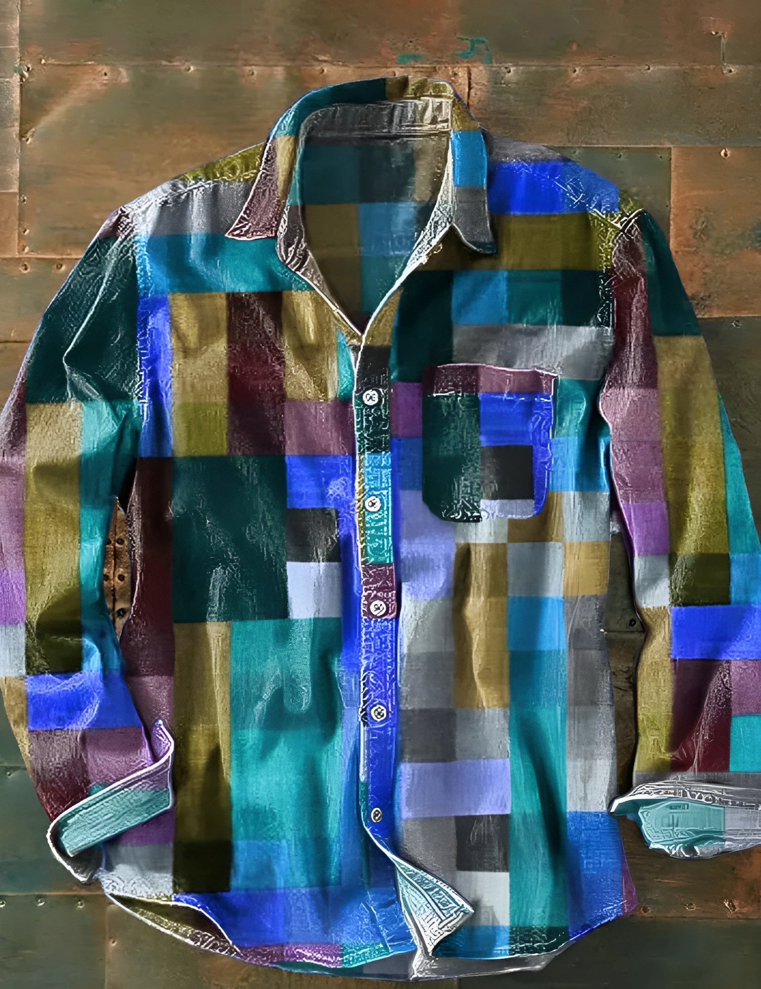 Camisa de patchwork de manga larga para hombre con bolsillo y botones en la parte delantera
