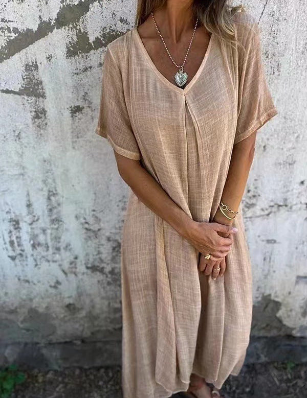 Vestido largo holgado con cuello en V para mujer
