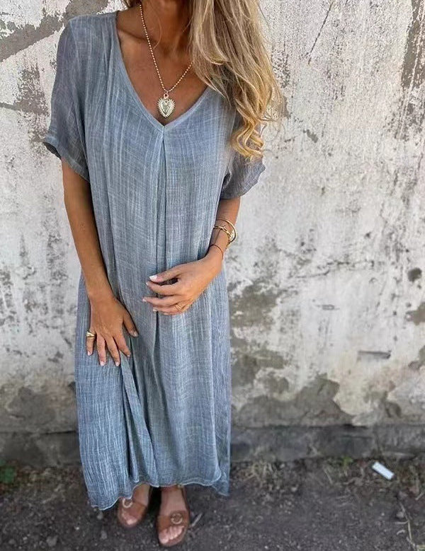 Vestido largo holgado con cuello en V para mujer