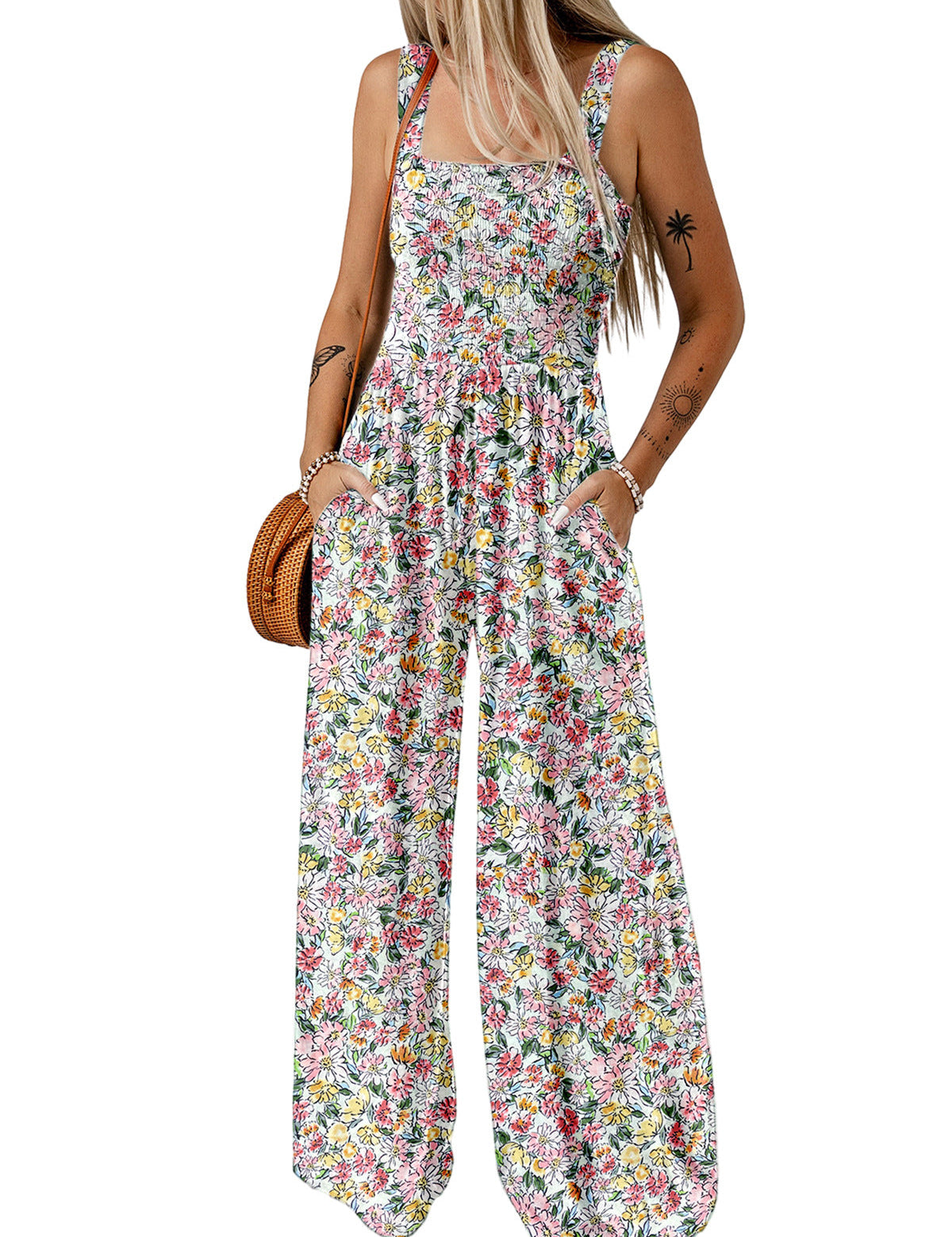 Mono floral de pierna ancha para mujer con corpiño fruncido y bolsillos
