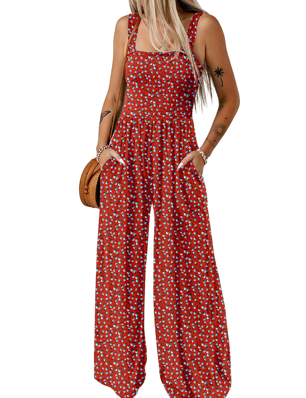 Mono floral de pierna ancha para mujer con corpiño fruncido y bolsillos