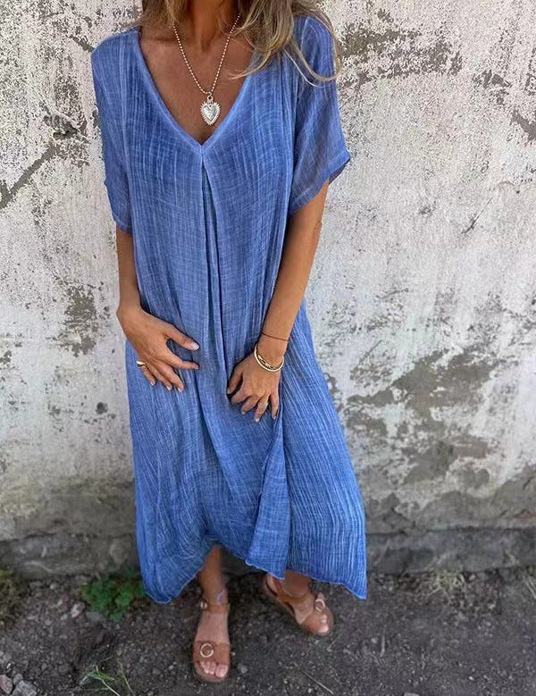 Women's Loose Fit Maxi Dress with V-Neck and Short Sleeves