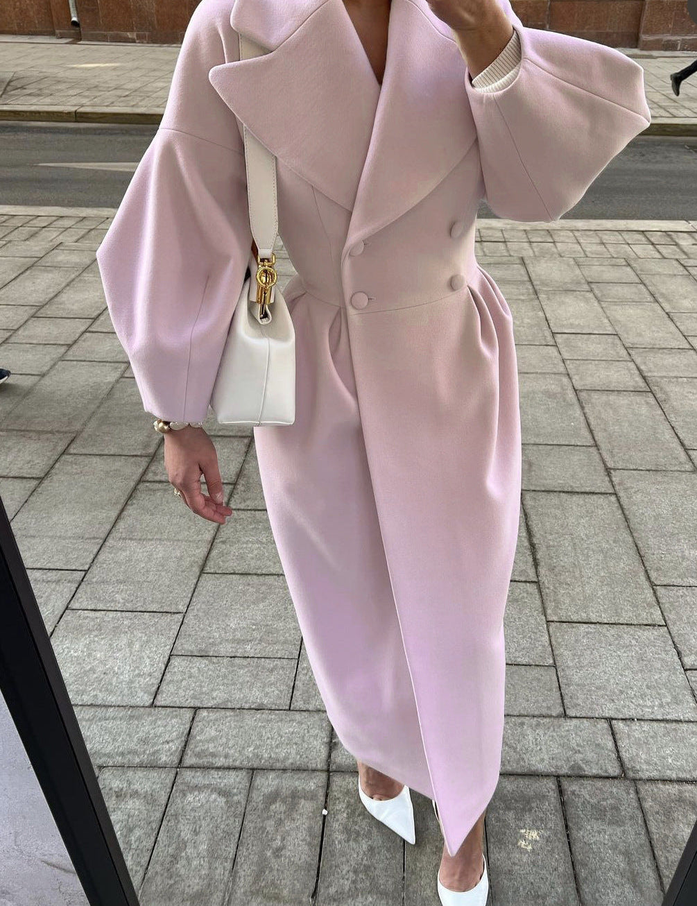 Abrigo largo de invierno cruzado para mujer con diseño de cuello de solapa