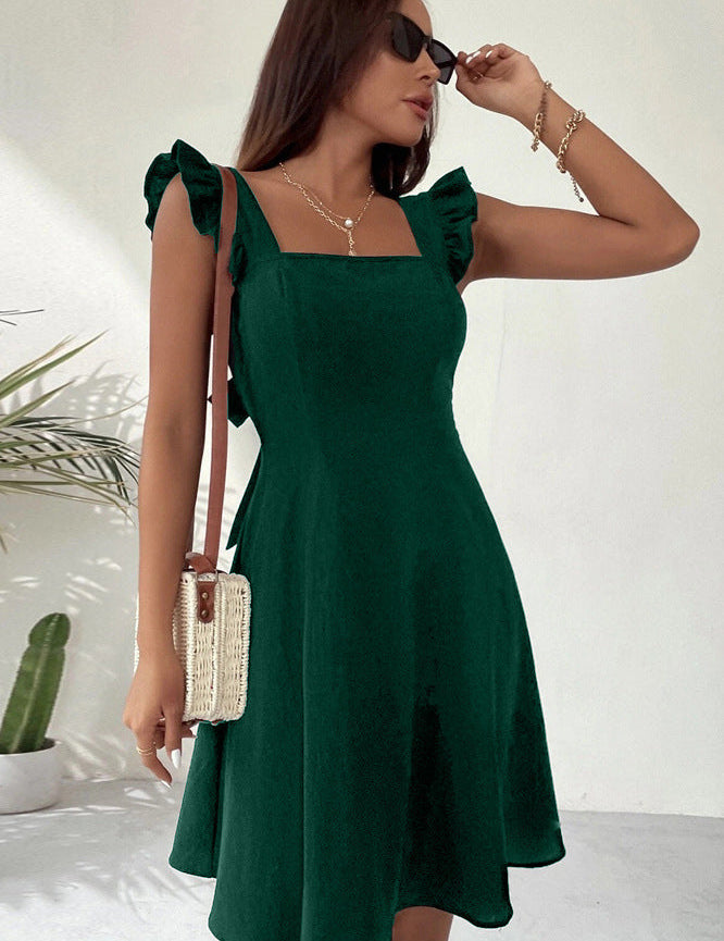 Vestido ajustado y acampanado para mujer con tirantes con volantes y escote cuadrado