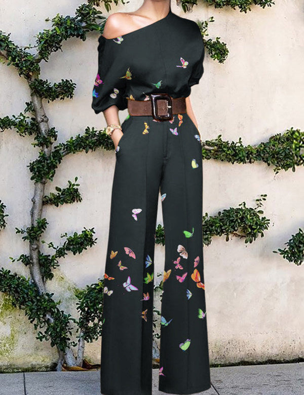 Mono de pierna ancha con un hombro descubierto para mujer con diseño de estampado artístico