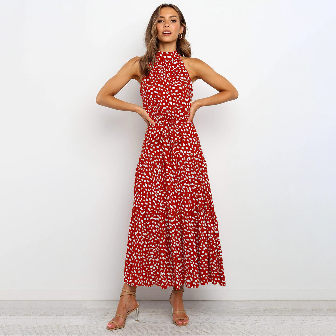 Vestido largo de lunares con cuello halter y lazo en la cintura para mujer