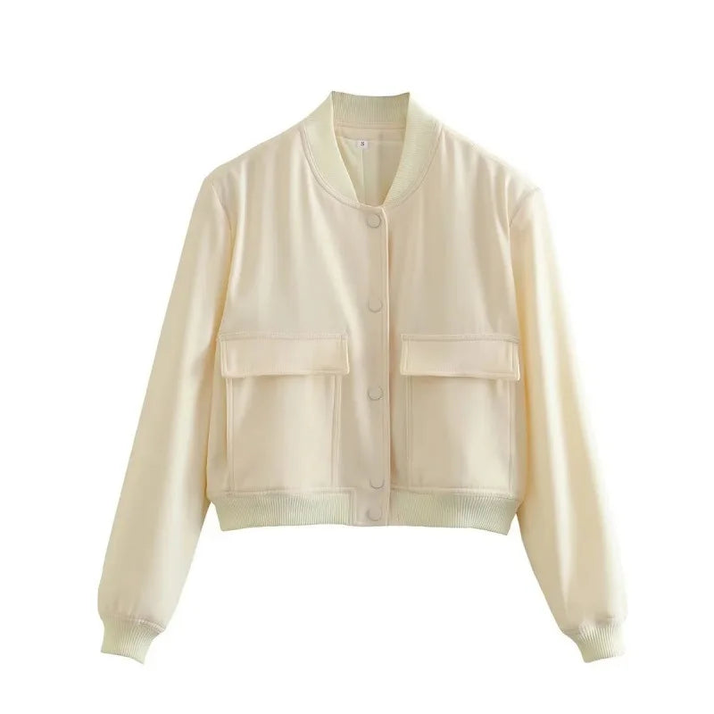 Chaqueta bomber informal para mujer con botones delanteros y bolsillos con solapa