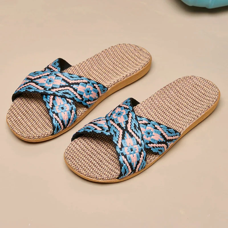 Pantuflas de lino entrecruzadas para mujer con suela plana y agarre