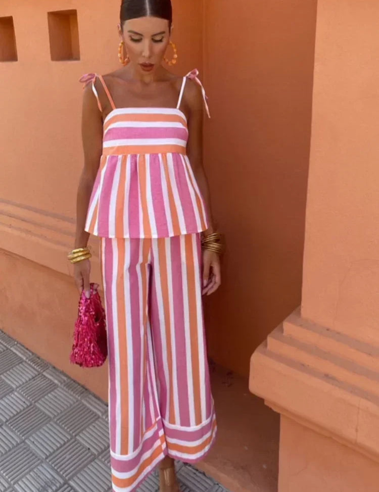 Conjunto de dos piezas a rayas para mujer con top con tirantes y pantalones anchos