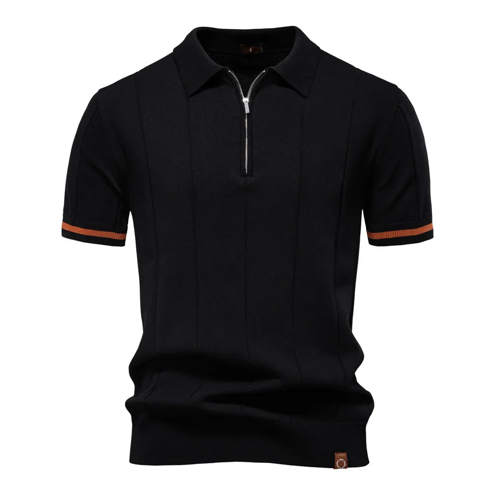 Polo de manga corta con cremallera para hombre, ribete en contraste y corte ajustado
