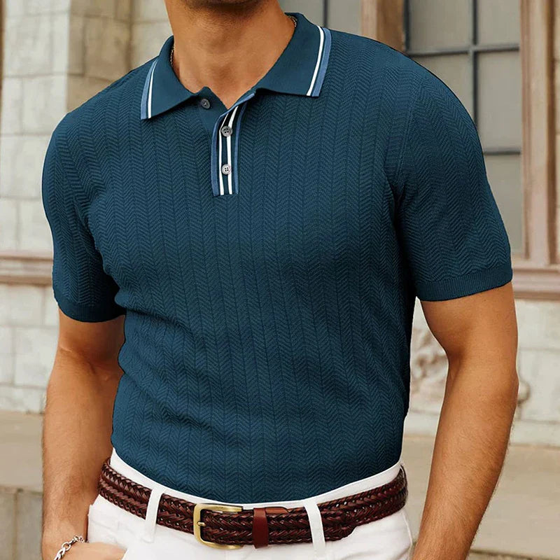 Polo de punto ajustado para hombre con cuello a rayas y tapeta de botones