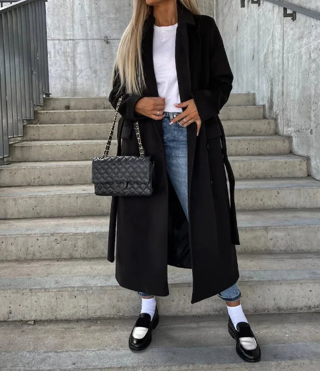 Abrigo de invierno cruzado para mujer con cinturón y corte clásico