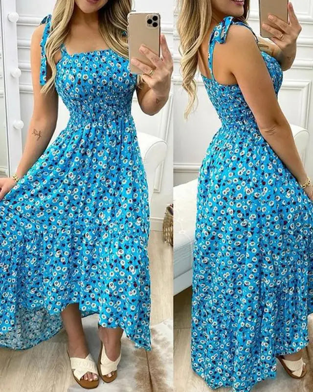 Vestido largo floral para mujer con tirantes anudados y corpiño fruncido