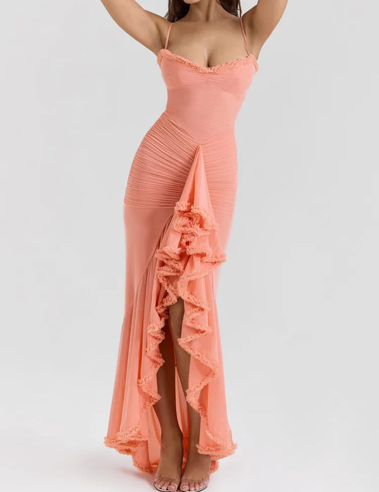 Vestido largo ajustado con volantes para invitada de boda con dobladillo alto-bajo para mujer