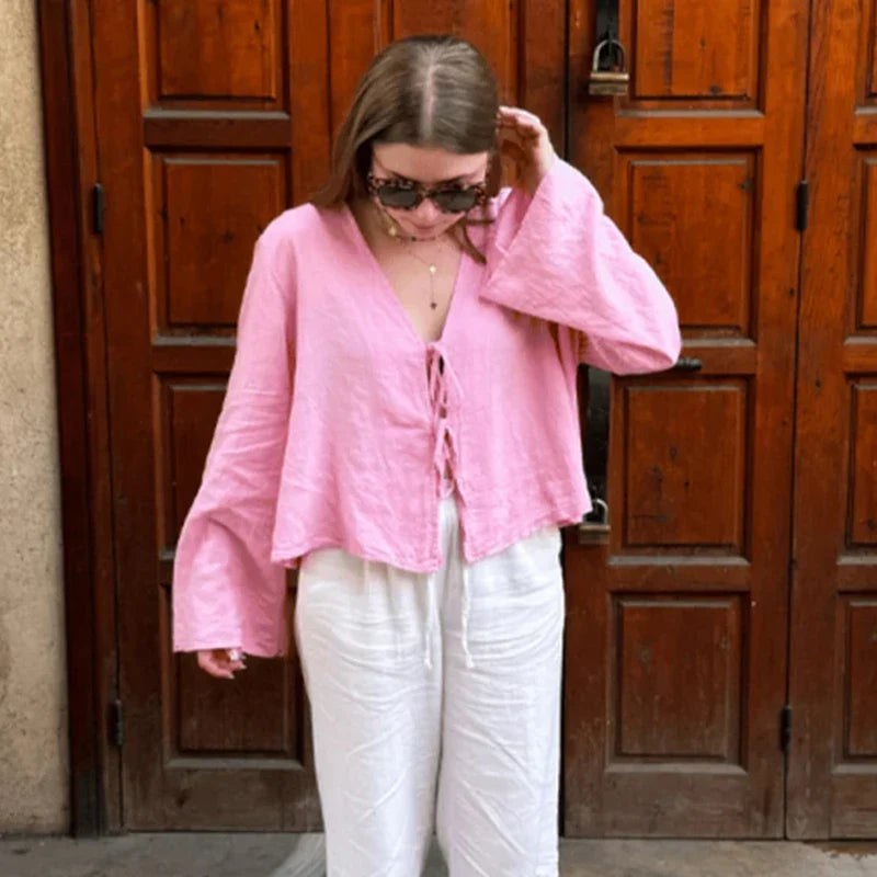Blusa holgada de manga larga con cuello en V y cordones para mujer con lazo frontal