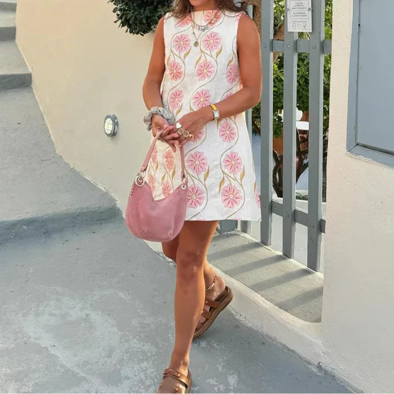 Minivestido sin mangas para mujer con estampado floral rosa