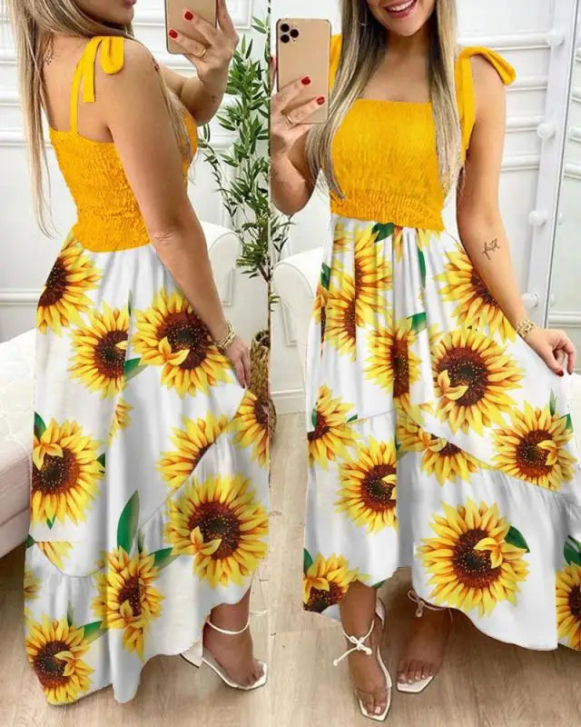 Vestido largo floral para mujer con tirantes anudados y corpiño fruncido