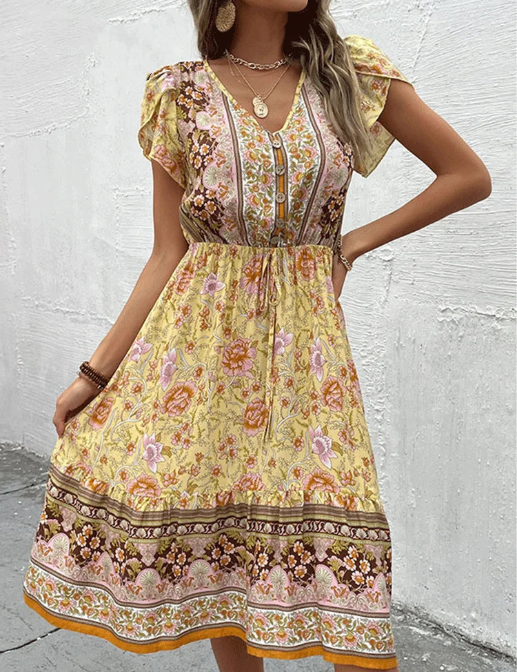 Vestido midi bohemio para mujer con estampado floral y botones en la parte delantera