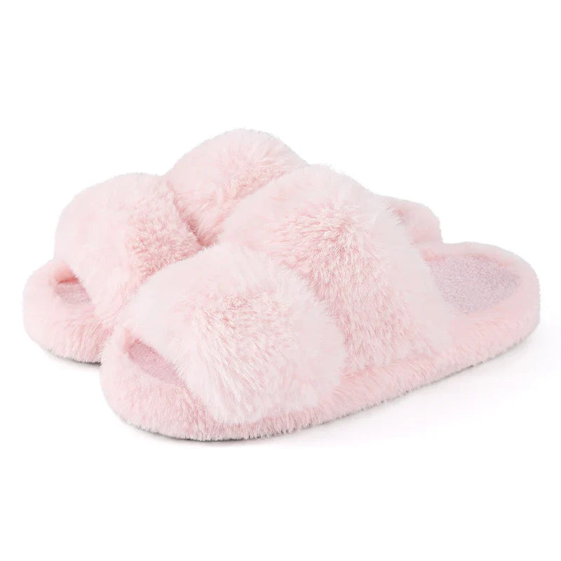 Pantuflas de felpa con punta abierta para mujer, correa ajustable y suela suave