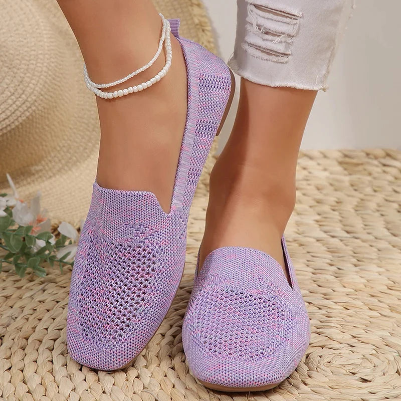 Mocasines casuales de punto sin cordones para mujer con punta redonda y suela plana