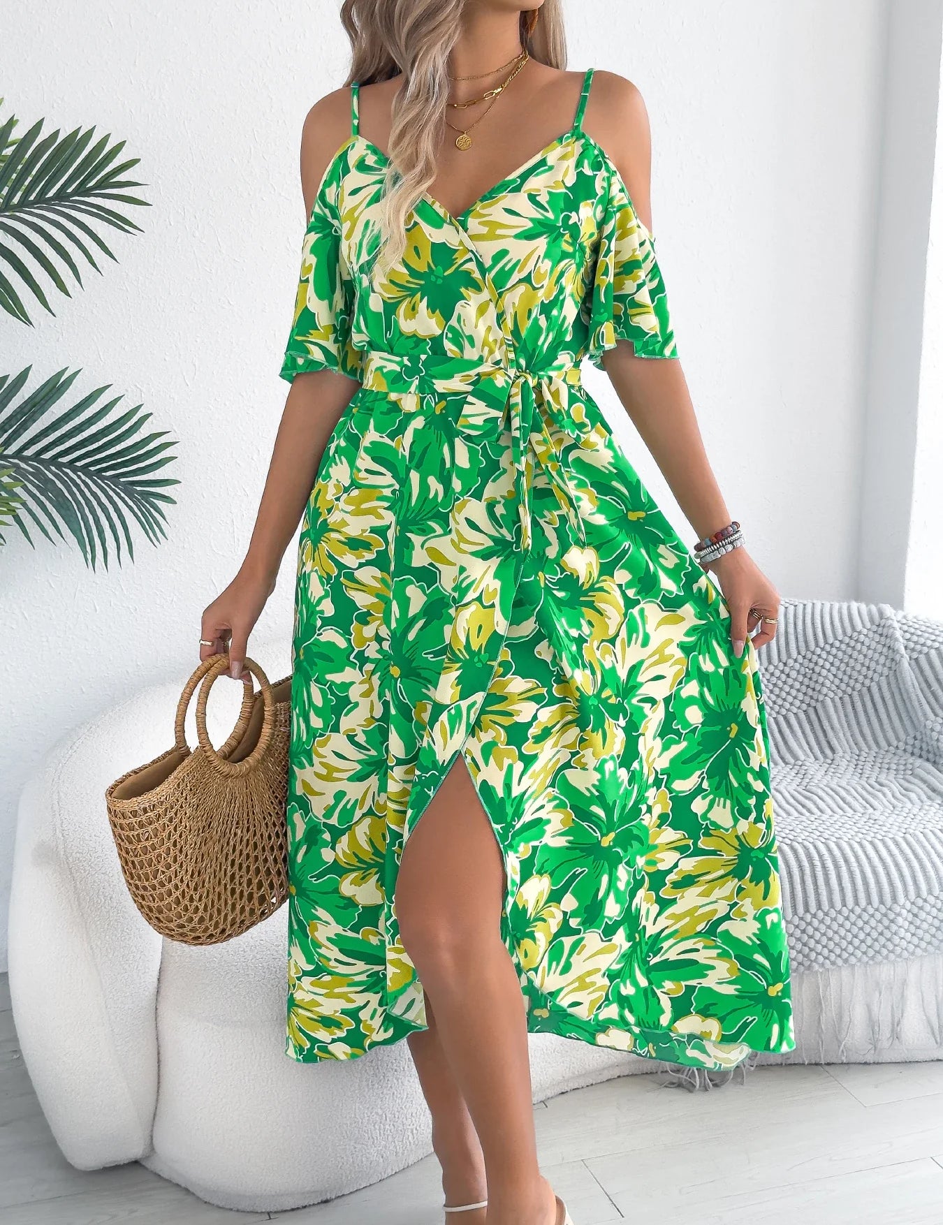 Women's Off-Shoulder Floral Wrap Maxi Dress with Belt and Side Slit