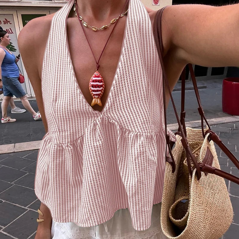 Top corto estilo babydoll con cuello halter, lazo en la espalda y rayas para mujer