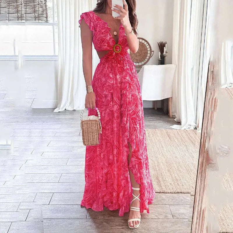Vestido largo floral con cuello en V para mujer