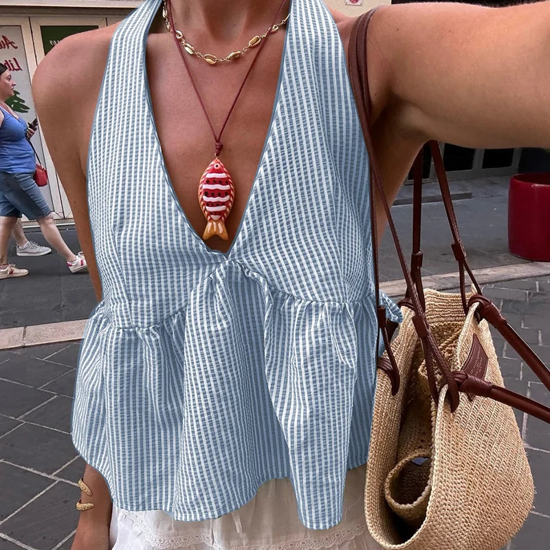 Top corto estilo babydoll con cuello halter, lazo en la espalda y rayas para mujer