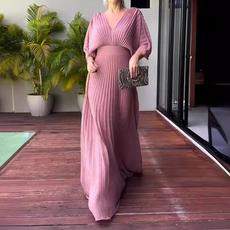 Vestido largo plisado para mujer con escote en V y mangas estilo capa