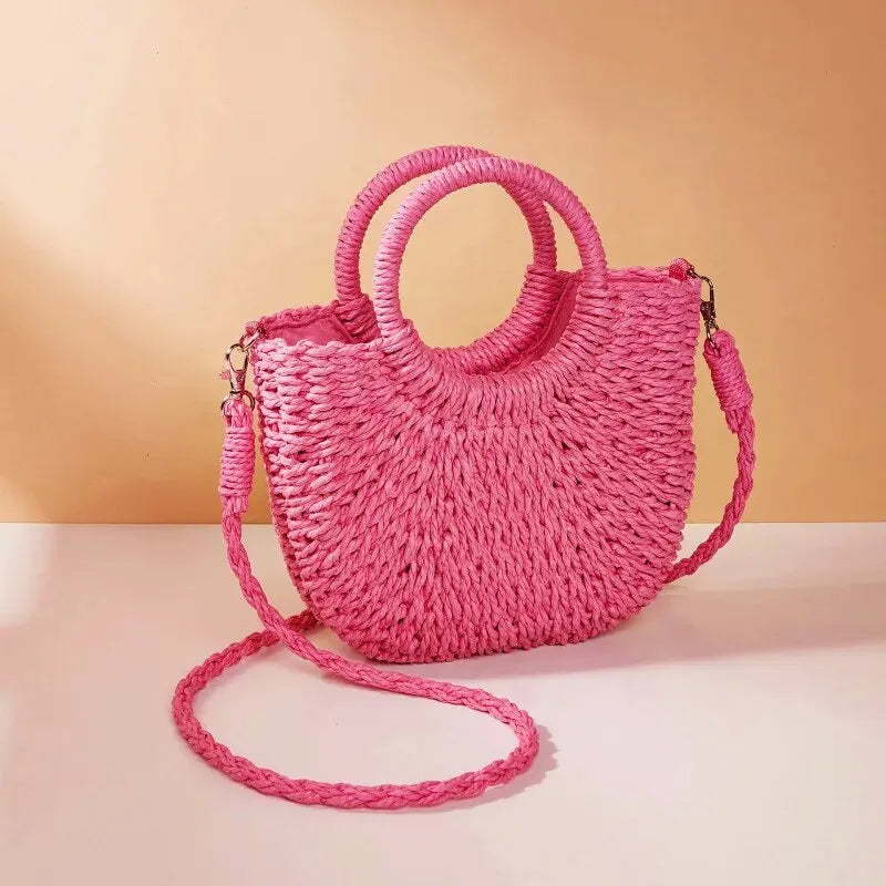 Bolso bandolera de paja para mujer con forma de media luna y asas superiores