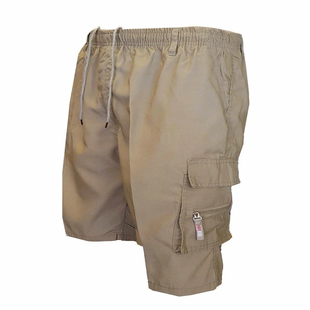 Pantalones cortos tácticos cargo para hombre con múltiples bolsillos y cintura con cordón.
