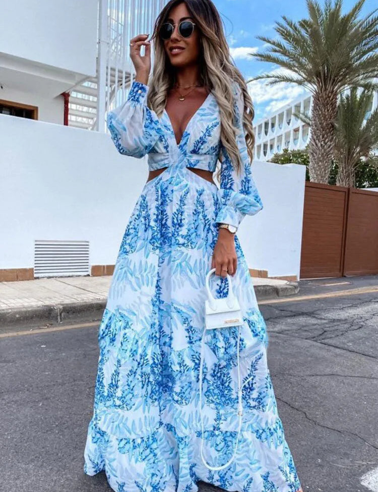 Vestido largo de mujer con escote en V y manga larga con corte en la cintura