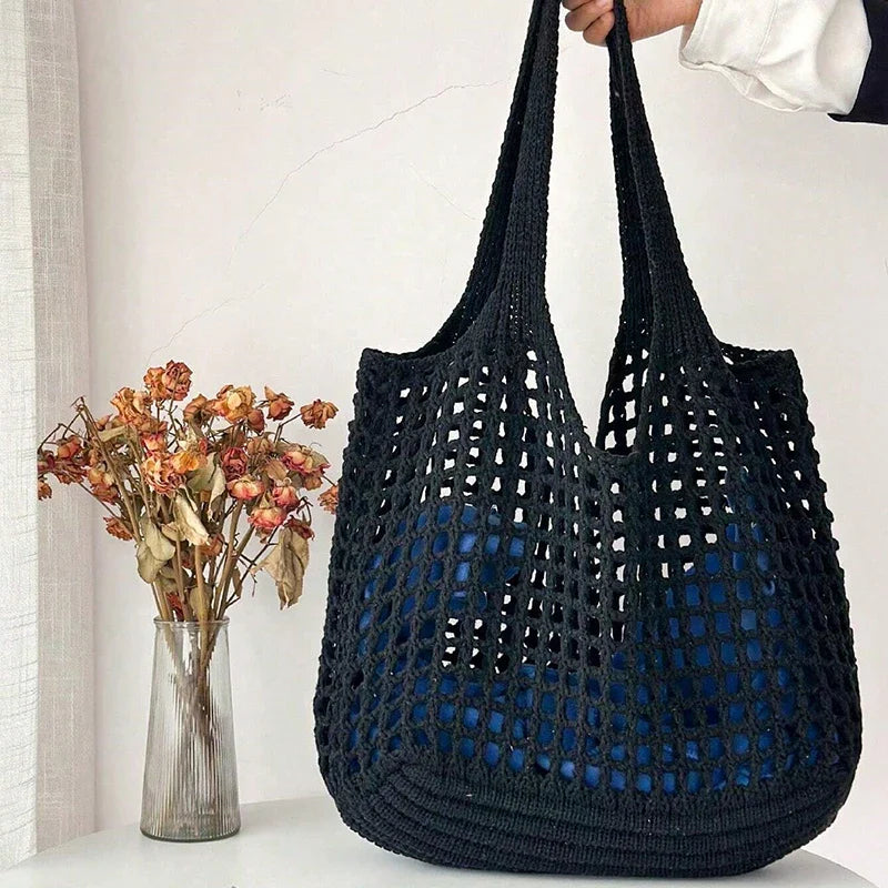 Bolso tote de crochet para mujer con punto hueco y gran capacidad