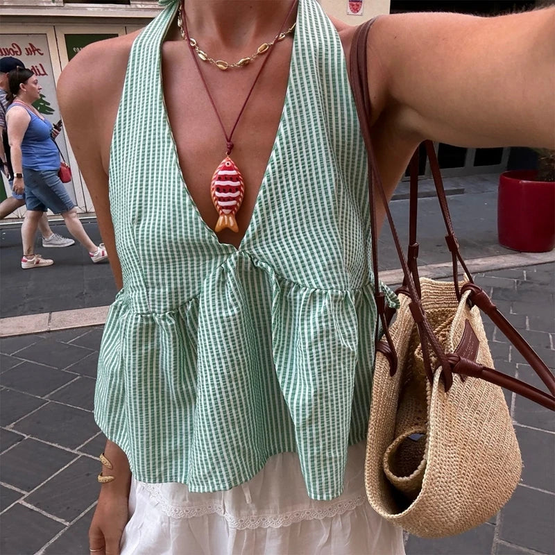 Top corto estilo babydoll con cuello halter, lazo en la espalda y rayas para mujer