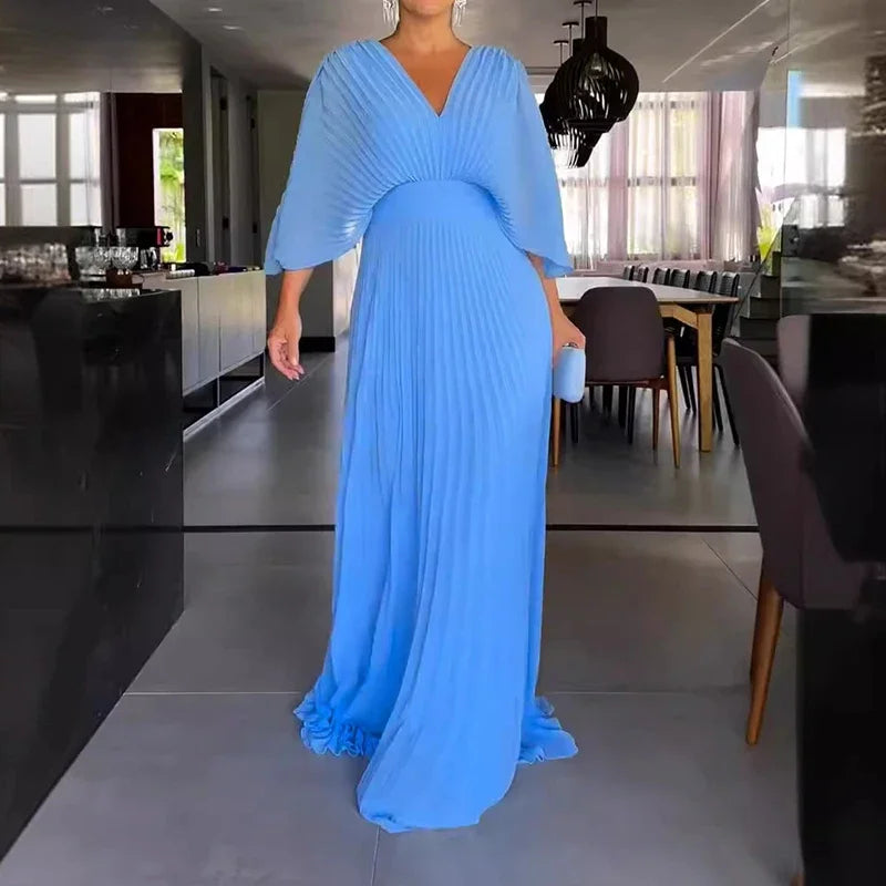 Vestido largo plisado para mujer con escote en V y mangas estilo capa