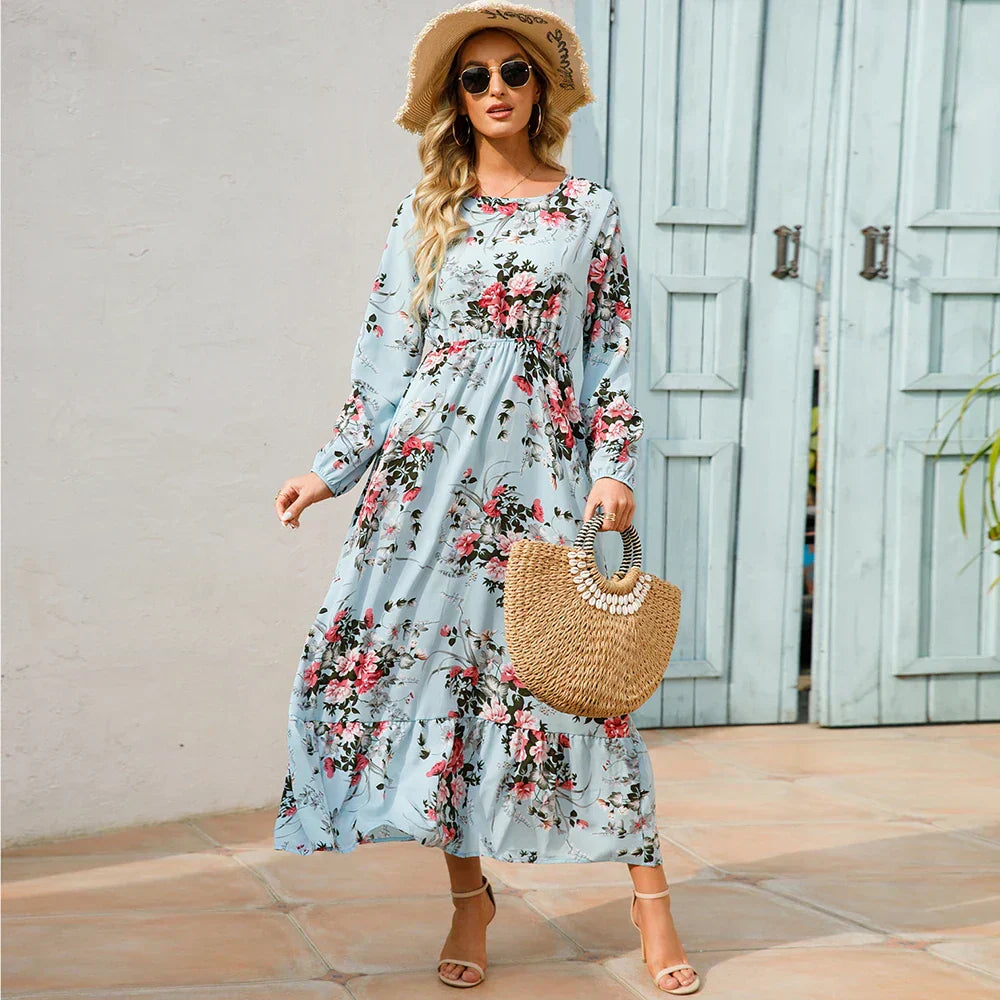 Vestido largo de manga larga para mujer con estampado floral y cintura ceñida