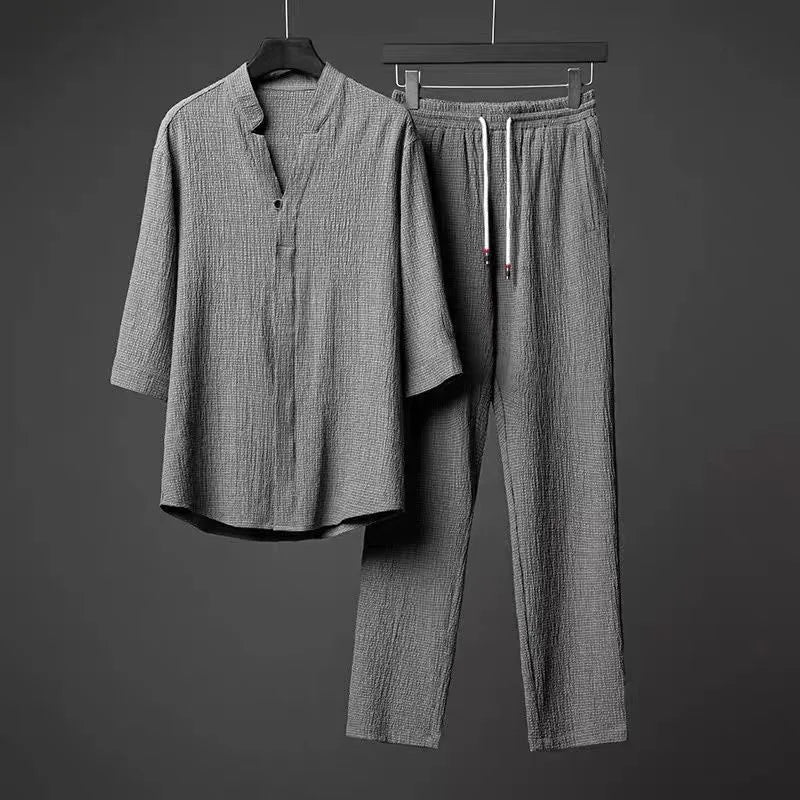 Conjunto relajado de dos piezas para hombre con camisa de manga larga y pantalón