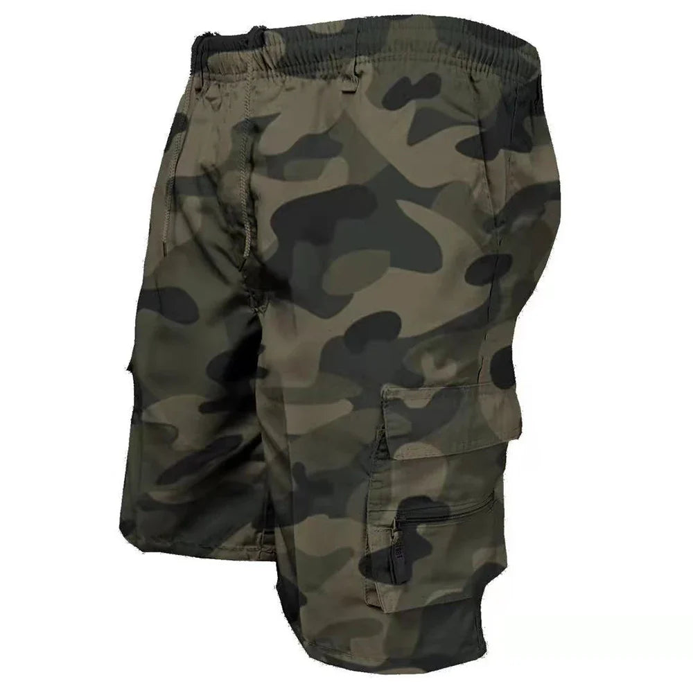 Pantalones cortos tácticos cargo para hombre con múltiples bolsillos y cintura con cordón.