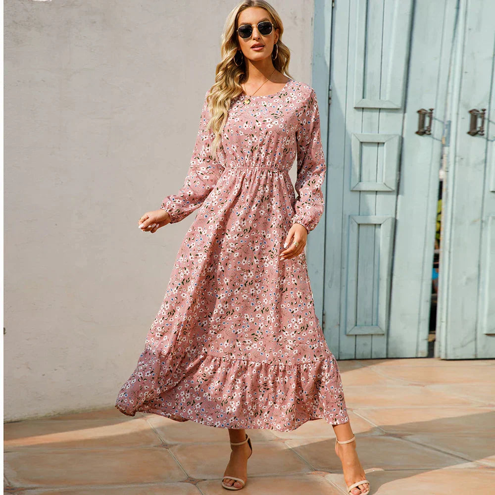 Vestido largo de manga larga para mujer con estampado floral y cintura ceñida