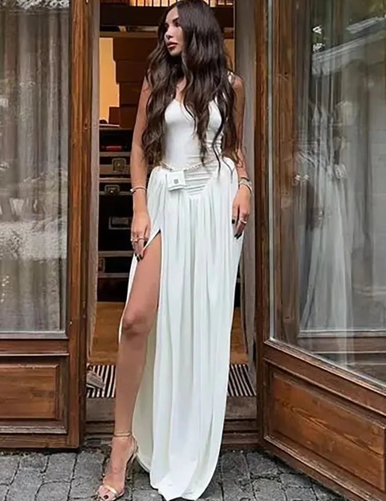 Vestido largo sin mangas con abertura alta para mujer, falda drapeada y top ajustado