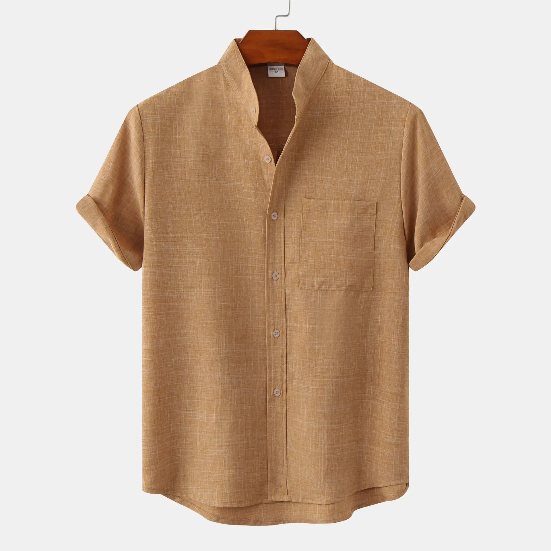 Camisa de manga corta con cuello alto para hombre con bolsillo delantero en el pecho