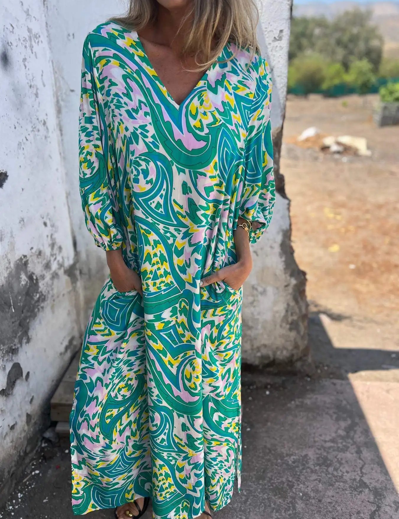 Vestido largo bohemio estampado para mujer con escote en V y bolsillos