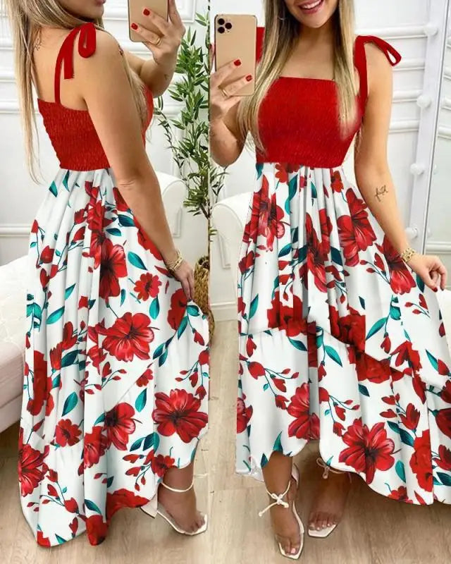 Vestido largo floral para mujer con tirantes anudados y corpiño fruncido