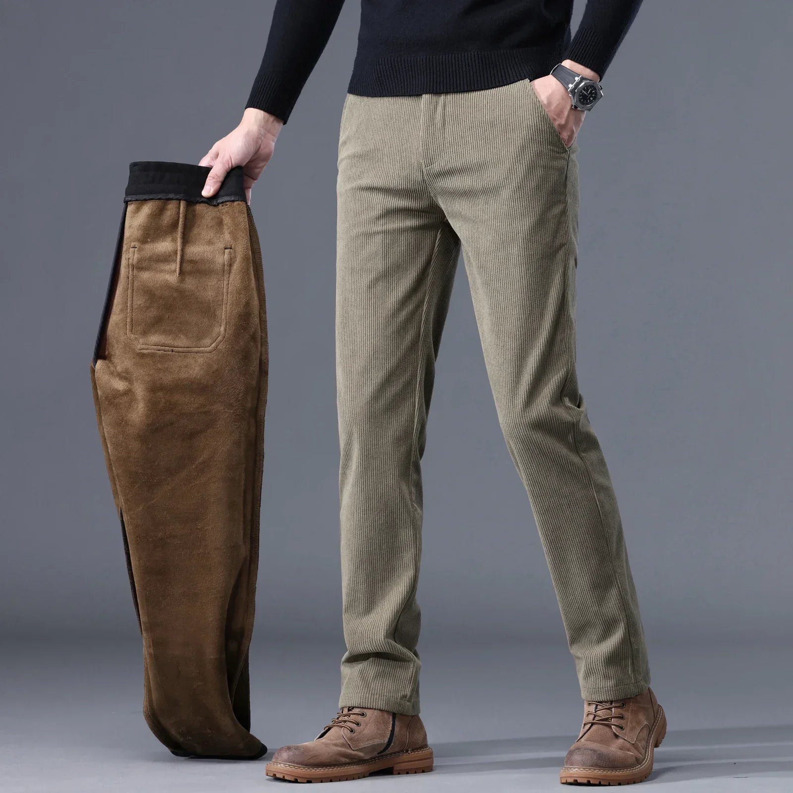 Pantalones de trabajo de pana polar para hombre con diseño de corte recto y ajustado