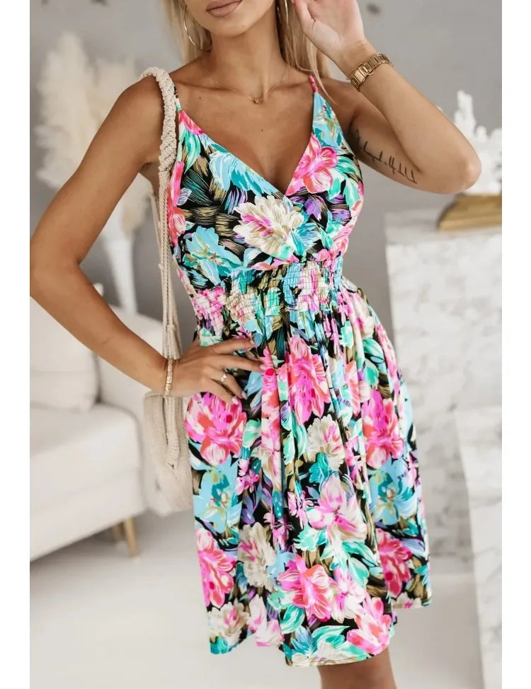 Women’s Floral Spaghetti Strap Wrap Mini Dress with Pleated A-Line Skirt
