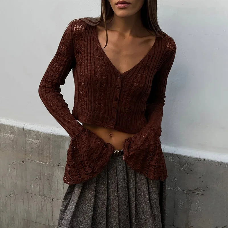 Cárdigan de manga larga tejido a crochet para mujer con cuello en V y botones en la parte delantera