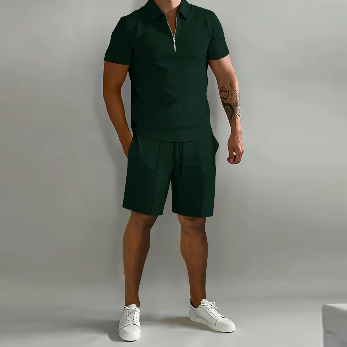 Conjunto de verano de dos piezas para hombre con polo con cremallera y pantalones cortos
