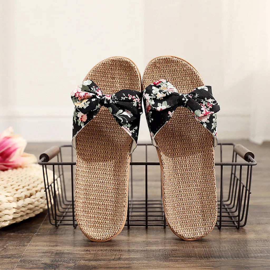 Pantuflas con lazo para mujer, tira floral y suela de lino